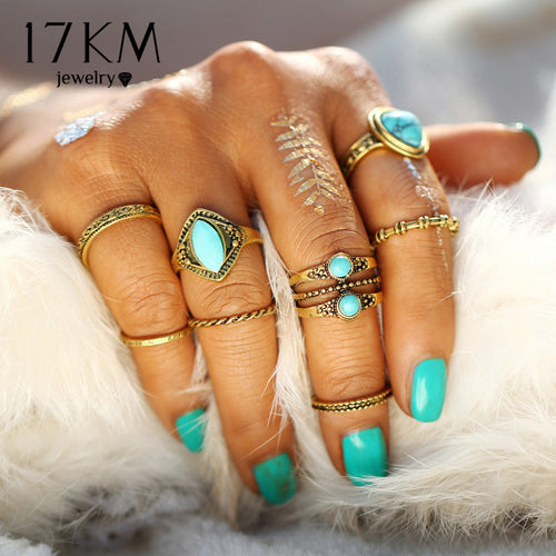 Boho Natural Stone Knuckle Rings Vintage Tibetan Geometric Gold Color Ring Set for Woman Man Fashion Anillos Punk Jewelry
