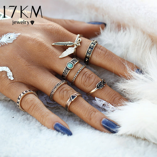 Punk Style Leaf Ring Set New Retro Antique Gold Color Lucky Arrow Midi Rings for Women 8PCS/Lot Blue
