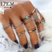 Punk Style Leaf Ring Set New Retro Antique Gold Color Lucky Arrow Midi Rings for Women 8PCS/Lot Blue