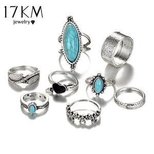 Vintage Big Stone Midi Ring Set For Women Antique Silver Color Heart Flower Rings