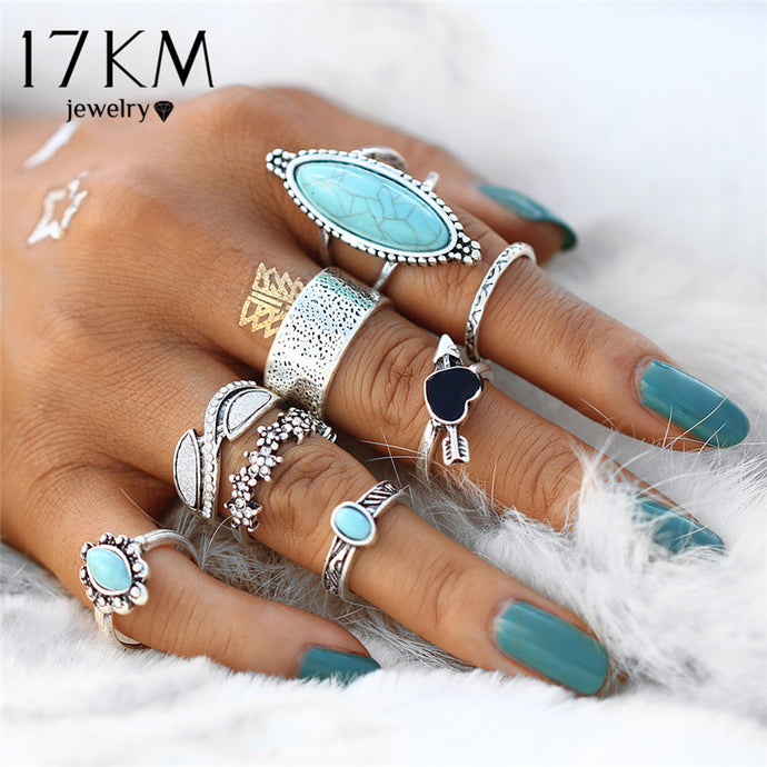 Vintage Big Stone Midi Ring Set For Women Antique Silver Color Heart Flower Rings