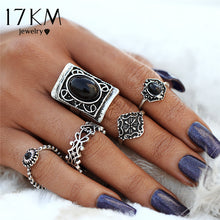 Turkish Big Square Stone Rings For Woman Retro Gold Silver Color Knuckle Ring Set 5Pcs/Set
