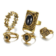 Turkish Big Square Stone Rings For Woman Retro Gold Silver Color Knuckle Ring Set 5Pcs/Set