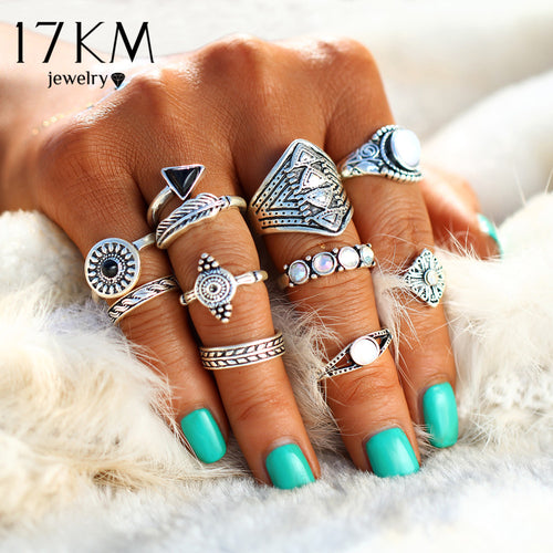 Fashion Leaf Stone Midi Ring Sets Vintage Crystal Opal Knuckle Rings For Women
